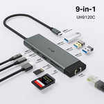 UH9120C HUB USB TIPO C 9 EN 1 – 1× HDMI 4K@60HZ + 1× RJ45 GIGABIT + 1× USB-C CARGA PD 100W + 1× USB-C DATOS 5GBPS + 3× USB-A 3.0 (5GBPS) + 1× LECTOR SD + 1× LECTOR MICROSD (104MB/S). TP LINK