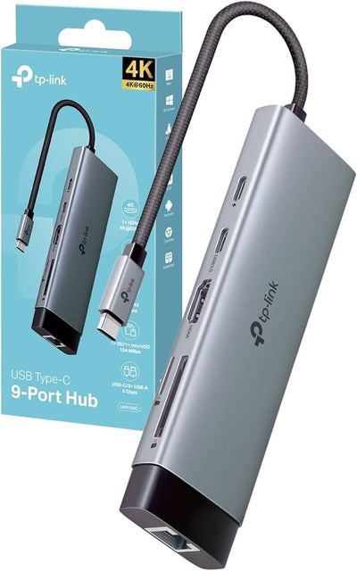 UH9120C HUB USB TIPO C 9 EN 1 – 1× HDMI 4K@60HZ + 1× RJ45 GIGABIT + 1× USB-C CARGA PD 100W + 1× USB-C DATOS 5GBPS + 3× USB-A 3.0 (5GBPS) + 1× LECTOR SD + 1× LECTOR MICROSD (104MB/S). TP LINK