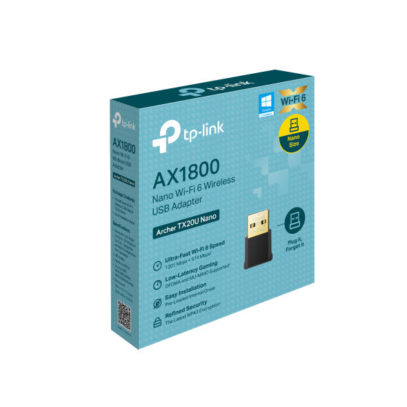 ARCHER TX20U NANO ADAPTADOR USB WI-FI 6 / AX1800 DUAL BAND / 5 GHZ: 1201 MBPS 2.4 GHZ: 574 MBPS / PUERTO: USB 3.0 / DISEÑO COMPACTO / MU-MIMO, OFDMA / WPA3