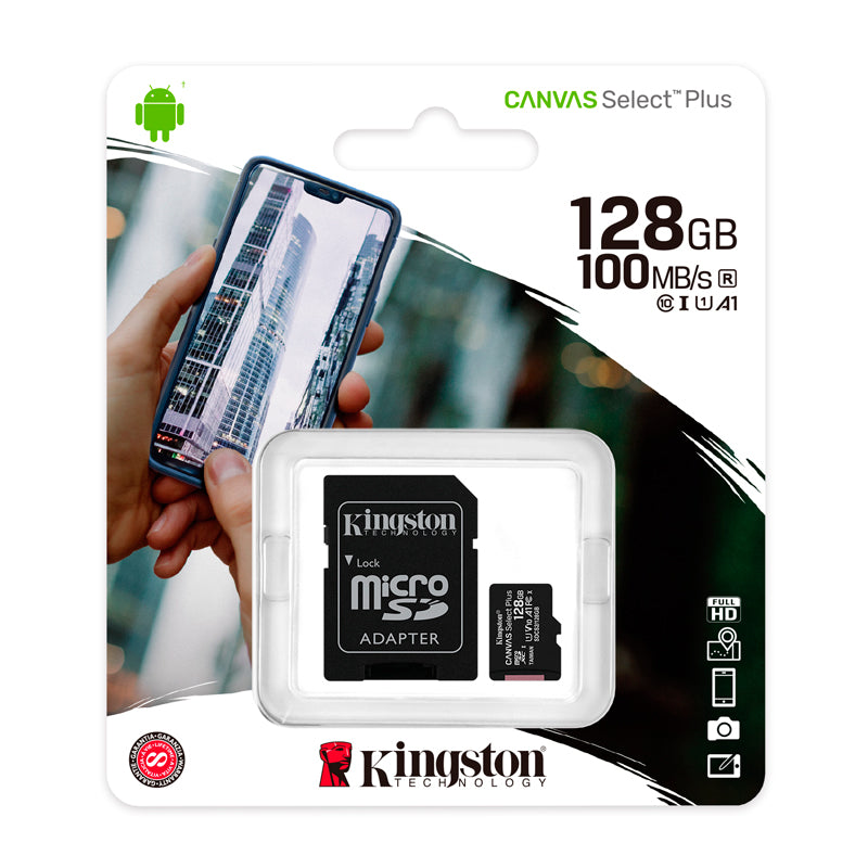 MICRO-SD KINGSTON CANVAS SELECT PLUS, 128GB, CON ADAPTADOR SD VELOCIDAD DE LECTURA: 100MB/S KINGSTON