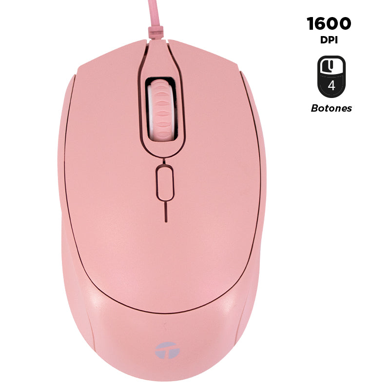 MOUSE ÓPTICO TEROS TE-1226S, 800-1200-1600 DPI, USB, 4 BOTONES, COLOR ROSADO TEROS